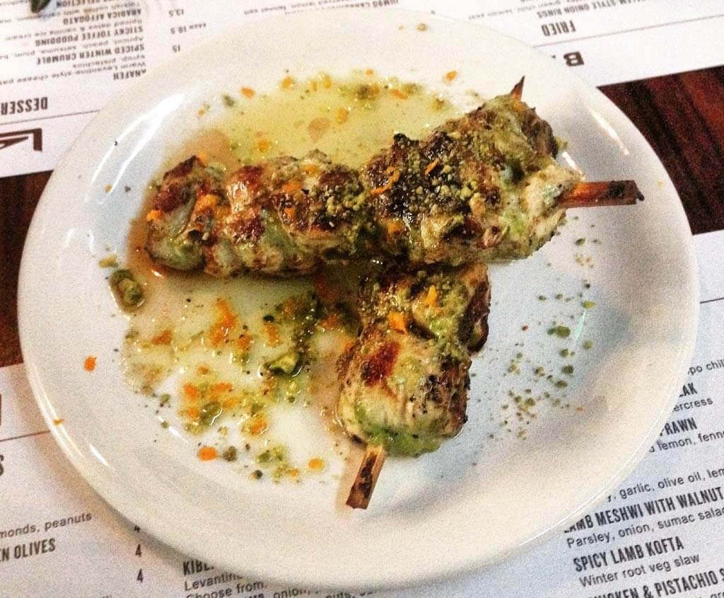 Chicken and pistachio shish from Arabica Bar & Kitchen