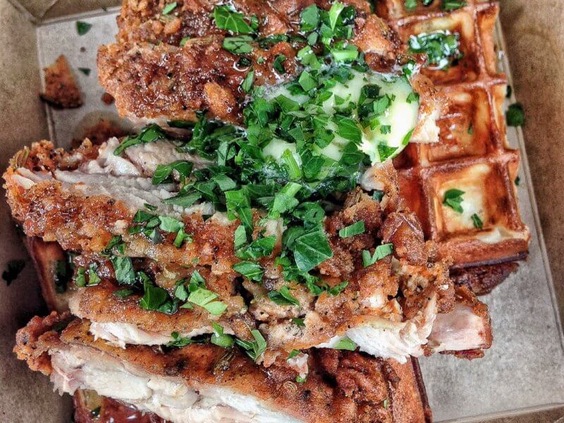 Fried chicken waffle by Waffle On at Maltby Street Market