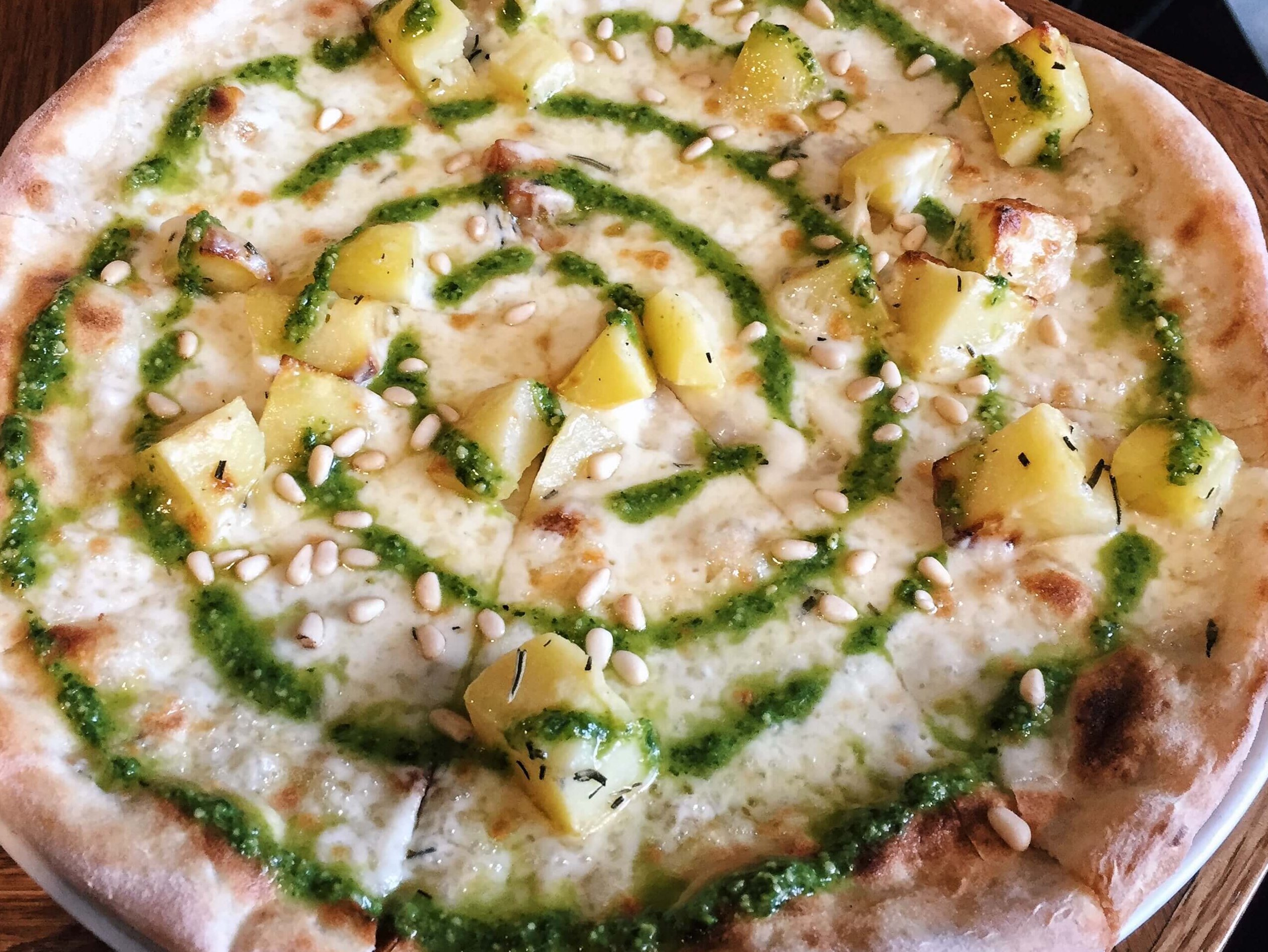 Roast potato, pesto and pine nut pizza from Firebrand in Marylebone, London